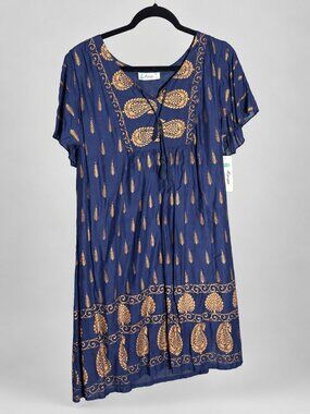 Lapogee Boho Navy Gold Paisley Tassel Tie Flutter Sleeve Dress NWT Size XL